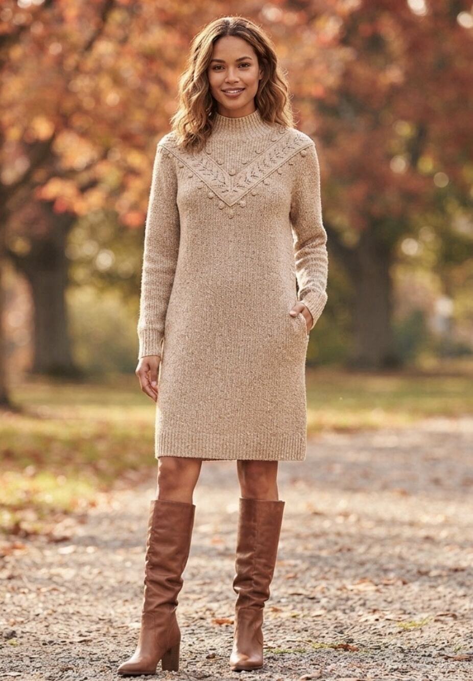 LOFT Oatmeal Heather Mock Bobble Knit LS Sweater Dress Cozy Cottagecore Boho Sm